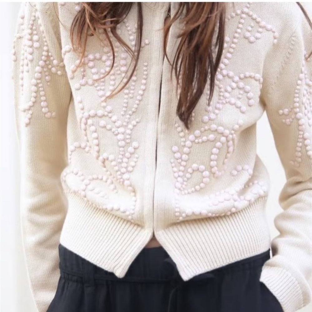 Zara Beige Beaded Embellished Vintage Inspired Cotton Cardigan Bloggers M NWT